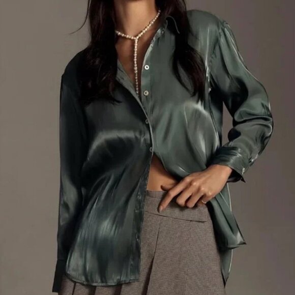 Anthropologie Button Down Blouse | Size XL | Emerald Green - Picture 1 of 7